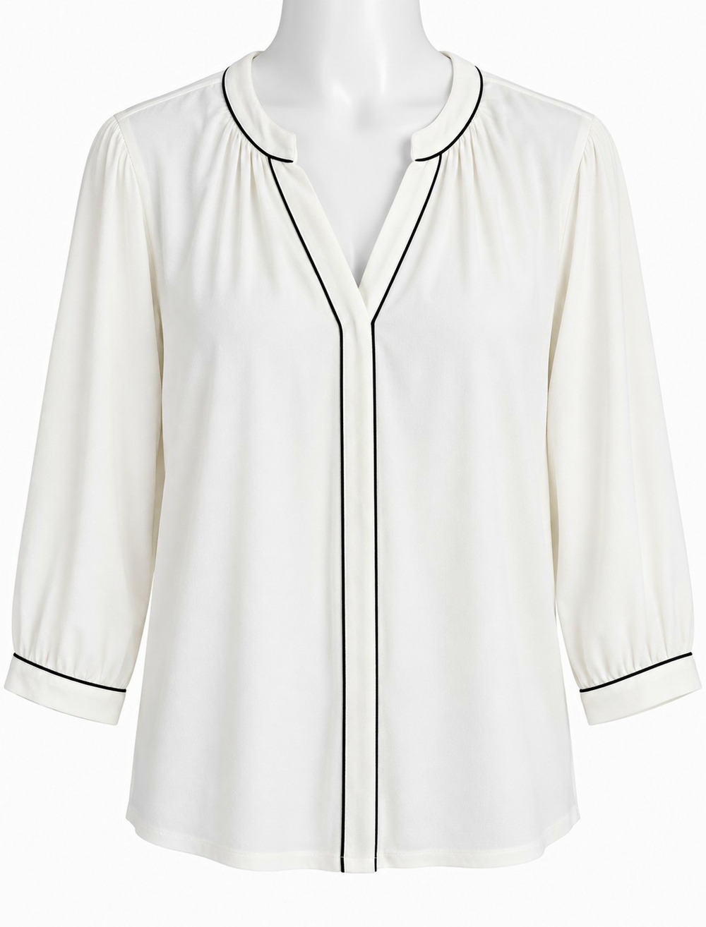H&M Blouse Top Womens Size L White Black Trim V-Neck 3/4 Sleeve Solid